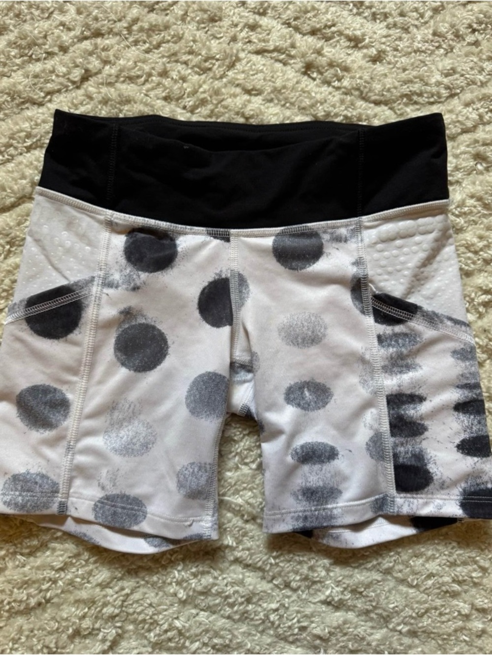 lululemon athletica Black Waistband White Shorts with Gray Polka Dots